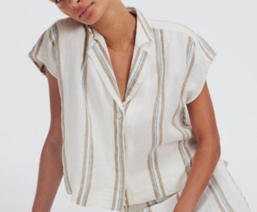 Madewell Sz S Boxy Cap Sleeve 100% Linen Striped Shirt Cream Brown Granola Girl